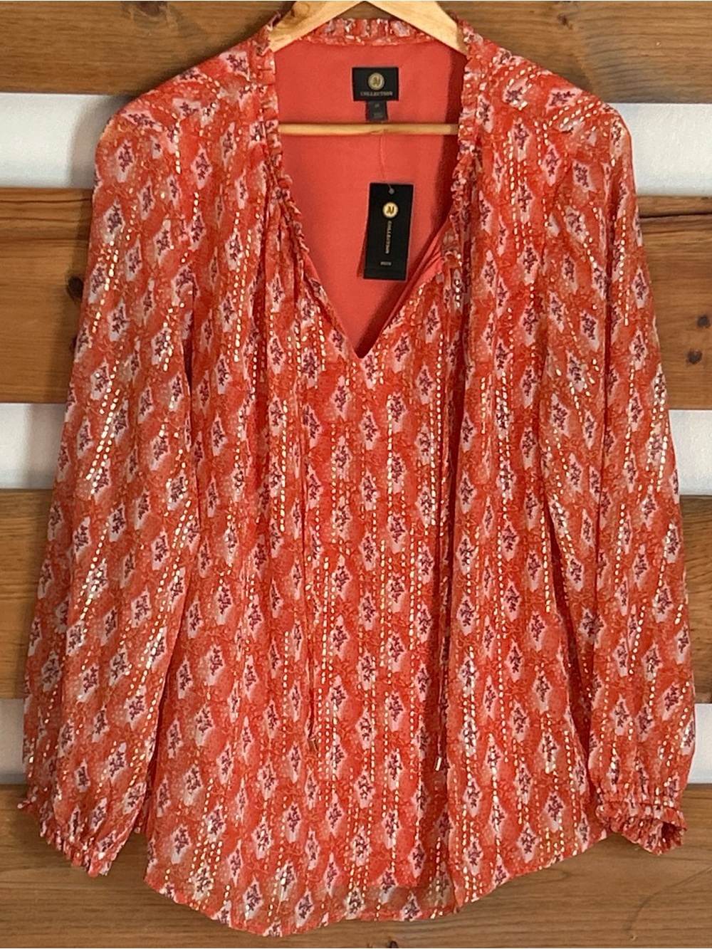 NWT JM Collection Vibrant Orange Floral V-Neck w/Tie 3/4 Sleeve Blouse Size 2X